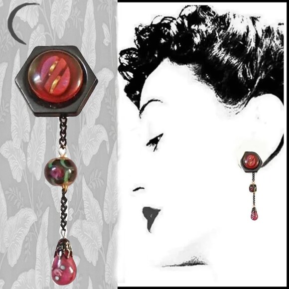 Black Burgundy Long Dangle Earrings Made With Vintage OOAK One of a Kind - Picture 1 of 9